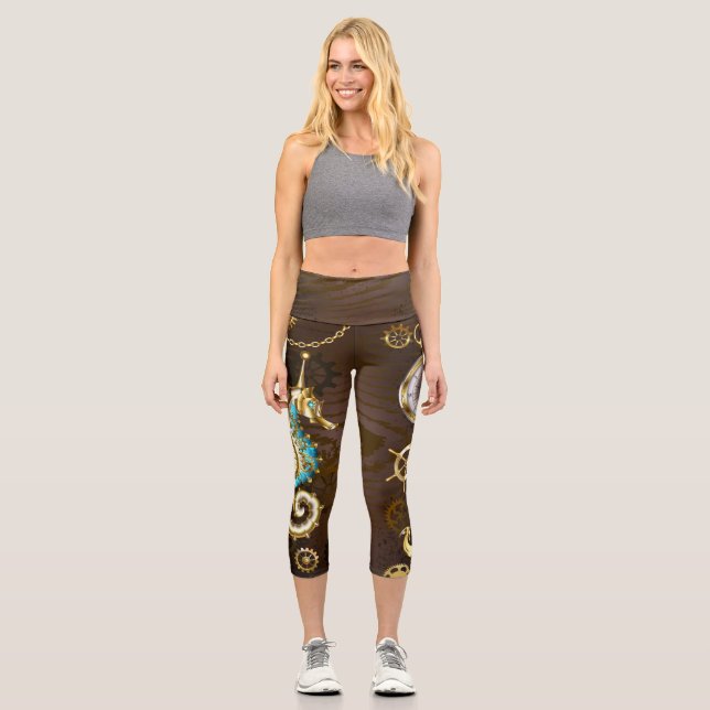 Leggings Capri Fond en bois avec hippocampe mécanique (Recto)
