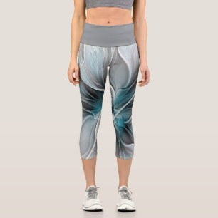Leggings Capri Fractal Floral Moderne Abstrait Fleur Bleu Gris