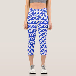 Leggings Capri Fret grec, Motif d'onde méditerranéen, Bleu