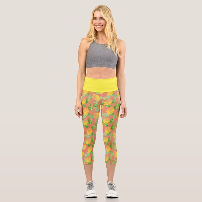 Leggings Capri Fruit citron motif jaune et pêche rose (Recto)