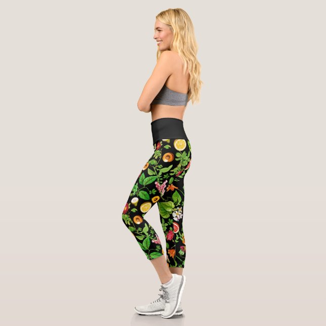 Leggings Capri Fruits And Leaves Pattern On Black (Gauche)