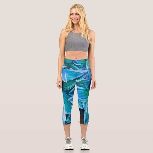 Leggings Capri fun abstrait nature art bleu turquoise et vert (Recto)