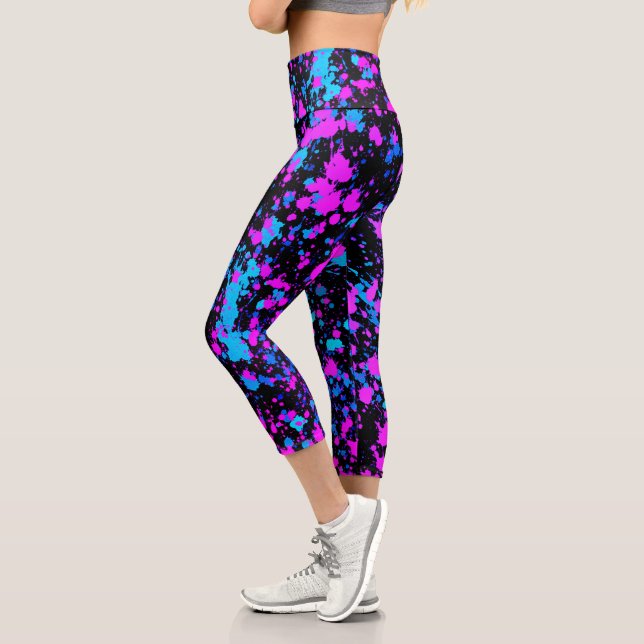 Leggings Capri Fun Bright Paint Splash Rose Turquoise Cobalt Bleu (Gauche)