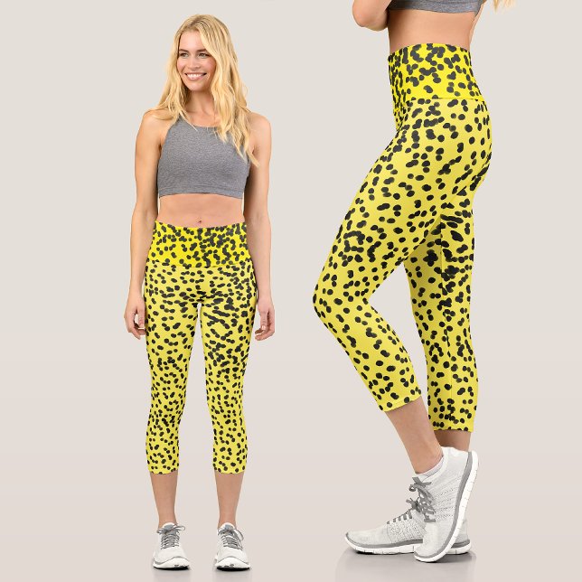 Leggings Capri Fun Jaune Noir Dalmatien Encre Peinture Spots Moti (Créateur téléchargé)