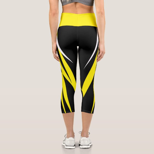 Leggings Capri Funky Bold Abstrait Art Noir Jaune Blanc (Verso)