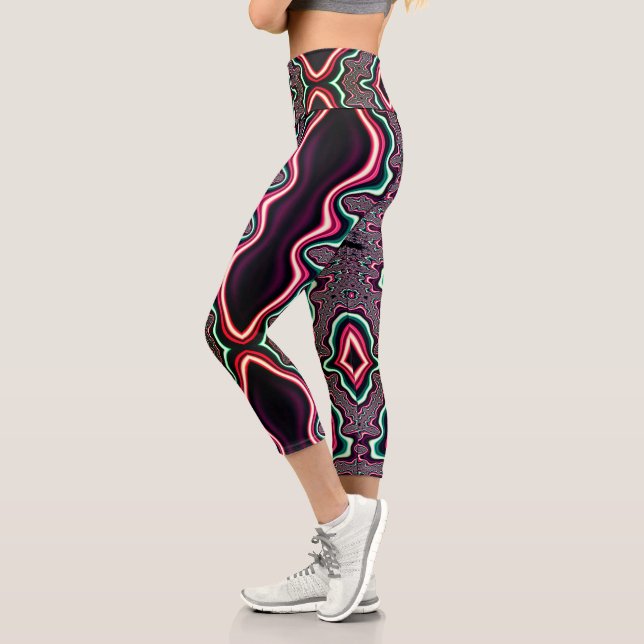 Leggings Capri Funky Psychedelic Vert et Rouge Motif fractal (Gauche)