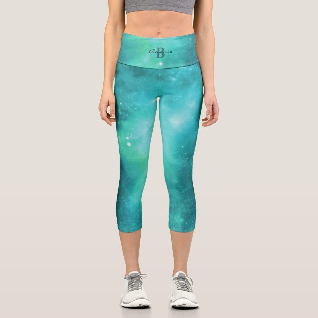 Leggings Capri Galaxie bleue verte | Monogramme et nom (Recto)