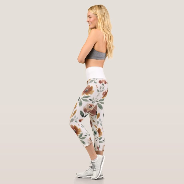 Leggings Capri Géométrie florale boho – Fleur sauvage terreuse (Gauche)