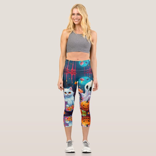 Leggings Capri Ghost Kitten Citrouille Candy Halloween (Recto)