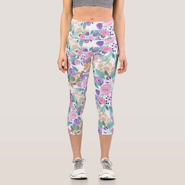 Leggings Capri Girly pink Violet Purple Gold Watercolor Flowers (Recto)