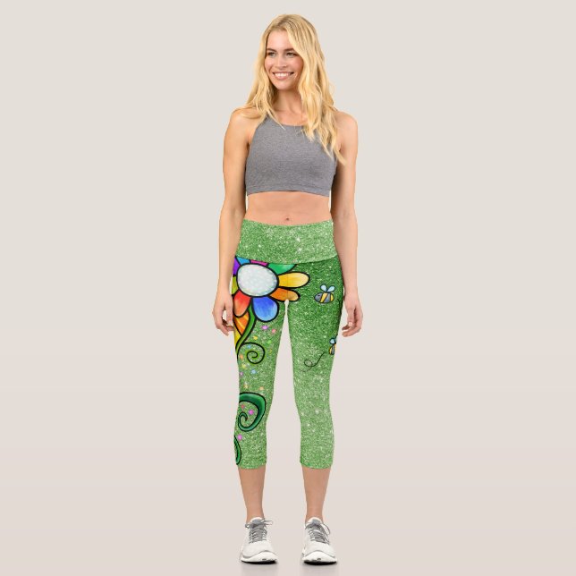 Leggings Capri Glam Parties scintillant verte - Fleur rétro, sole (Recto)