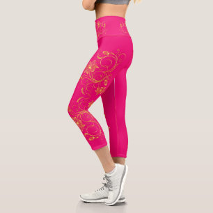 Leggings Capri Gold Filigree Floral Vine Sporty chic Activewear