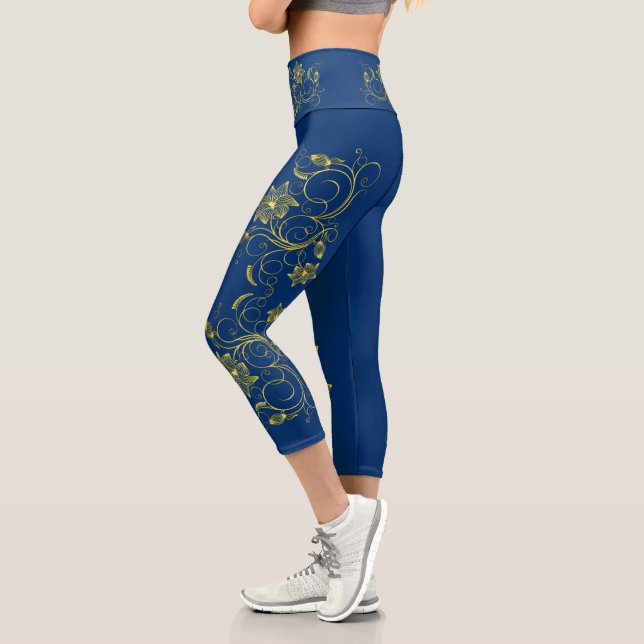 Leggings Capri Gold Filigree Floral Vine Sporty chic Activewear (Gauche)