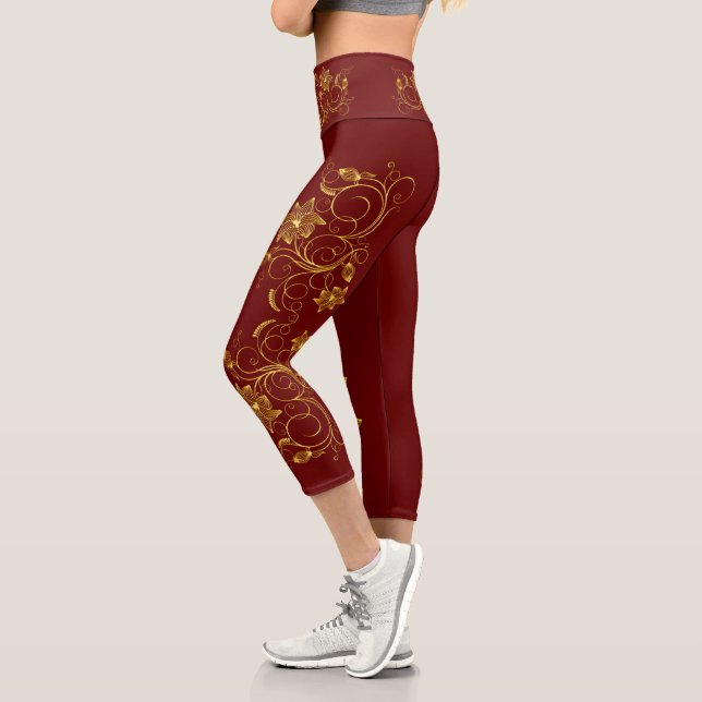 Leggings Capri Gold Filigree Floral Vine Sporty chic Activewear (Gauche)