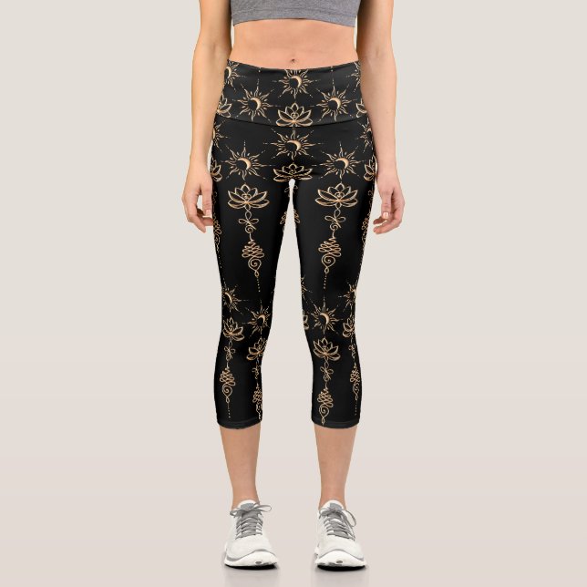Leggings Capri Gold Unalome Group Scattered Black Background (Recto)