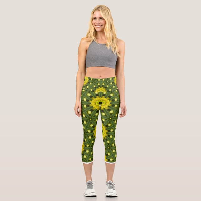 Leggings Capri Golden Green Sunburst Kaleidoscope motif floral (Recto)