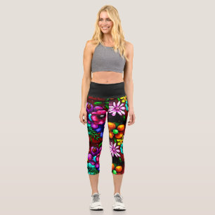 Leggings Capri Graffiti Style Fleurs & Ladybug rose violet rouge