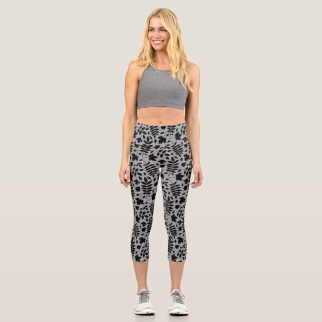 Leggings Capri Grand Motif Feuille tombé noir sur gris (Recto)