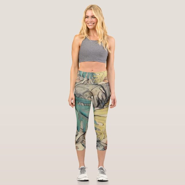 Leggings Capri Grande aquarelle feuille tropicale colorée (Recto)