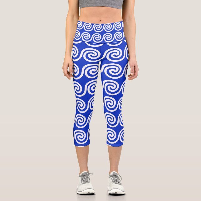 Leggings Capri Grec Meander Key Waves Motif Bleu (Recto)