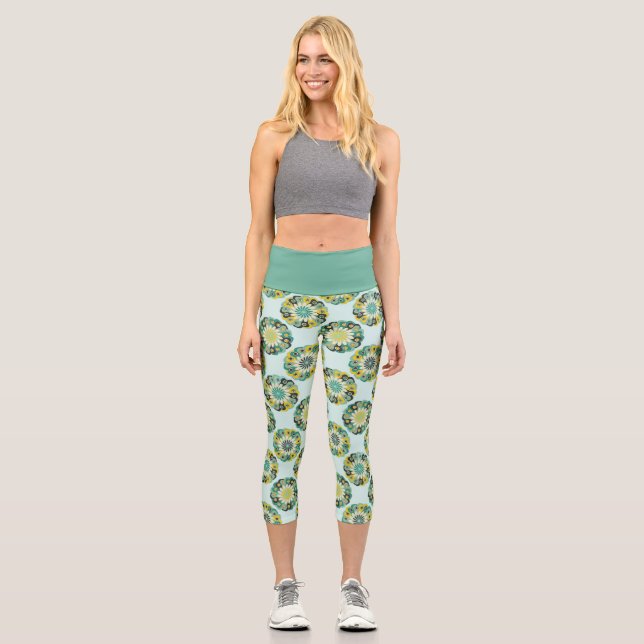 Leggings Capri Green and Teal Modern Geometric Flower Pattern (Recto)