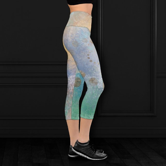 Leggings Capri Grunge Côtière | Aquarelle bleu et vert or (Créateur téléchargé)