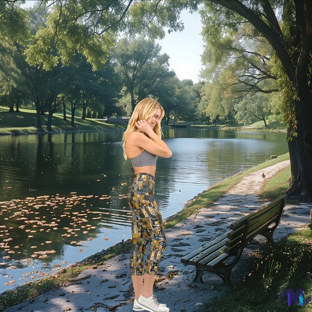 Leggings Capri Harmonie géométrique : Motif bleu et or Abstrait (Créateur téléchargé)