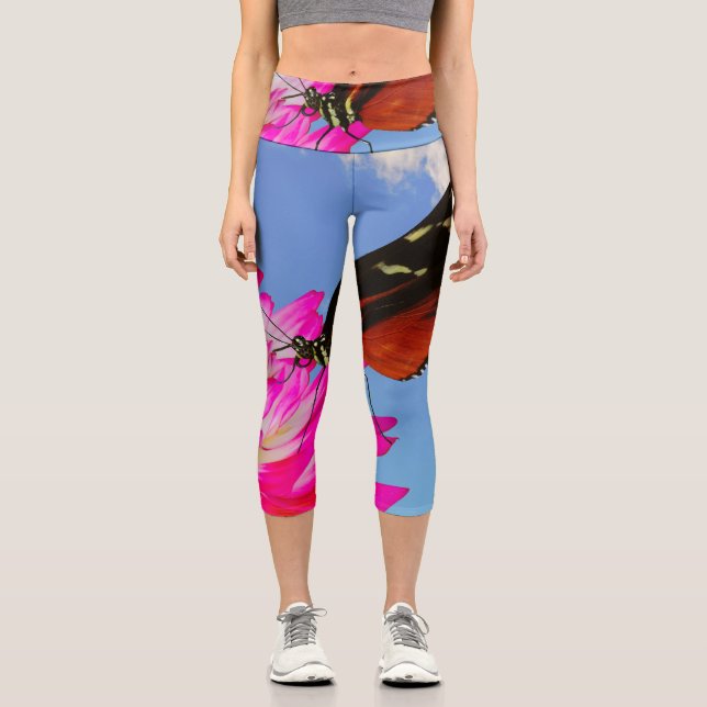 Leggings Capri Heliconius hecter papillon sur un Dahlia rose (Recto)