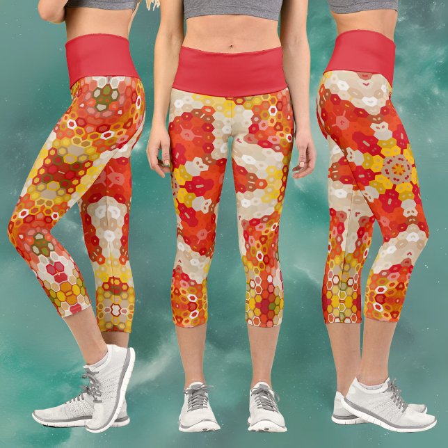 Leggings Capri Hex Mandala rouge et jaune (Créateur téléchargé)