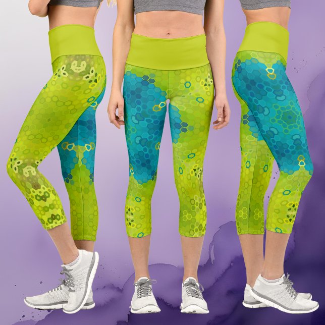 Leggings Capri Hex Mandala Vert et Bleu (Créateur téléchargé)