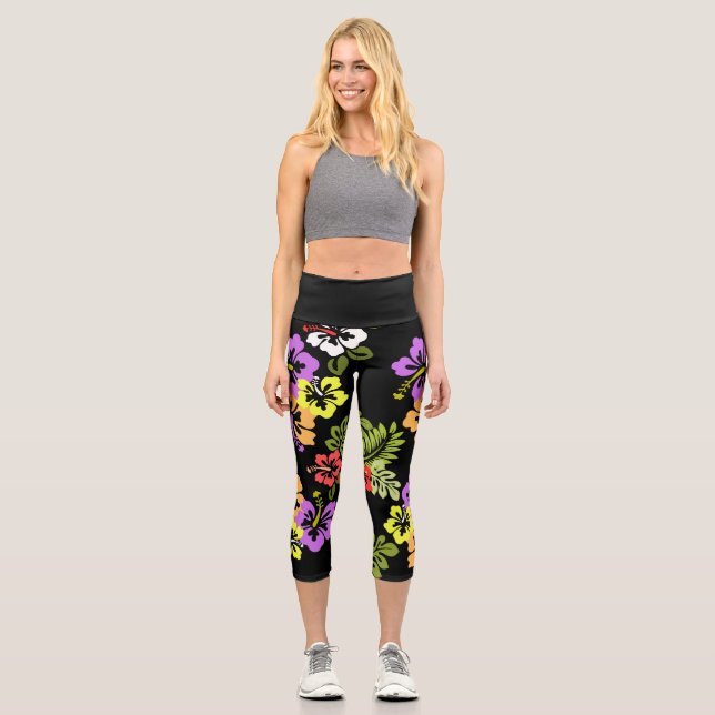 Leggings Capri Hibiscus coloré en noir (Recto)