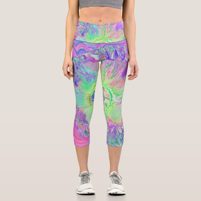 Leggings Capri Hibiscus Psychedelique Tripant Vert Citron et Viol (Recto)
