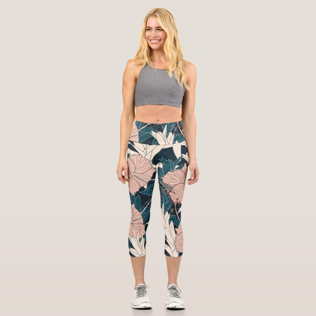 Leggings Capri Hibiscus rose tropical, arrière - plan sombre (Recto)