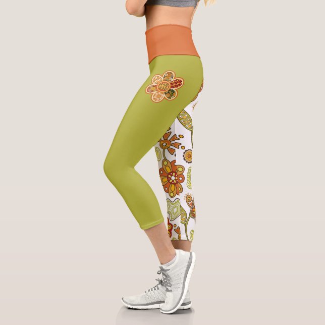 Leggings Capri Hippie Fleur Rétro Orange Vert (Gauche)