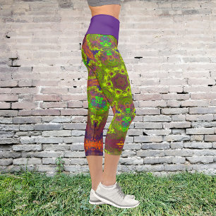 Leggings Capri Hippie psychédélique Jaune Orange et Violet Leggin