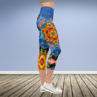 Leggings Capri Hippie psychédélique Orange Bleu et Légendes Verte
