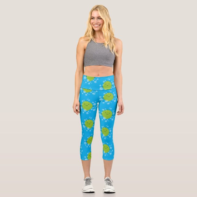 Leggings Capri Illustration de bulles de chaux vert mou (Recto)