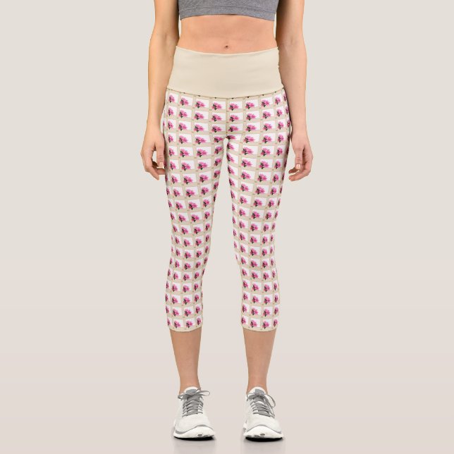 Leggings Capri Illustration de fleur de clématite rose carré beig (Recto)