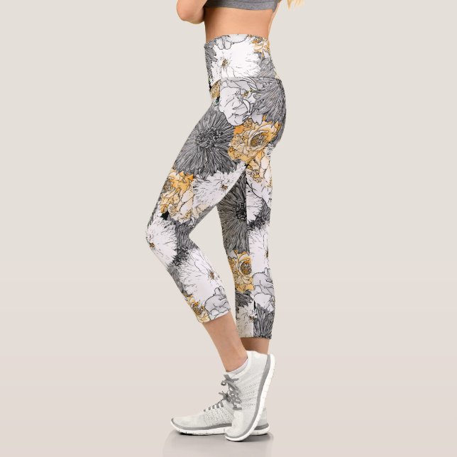 Leggings Capri Illustration florale mignonne jaune et gris (Gauche)