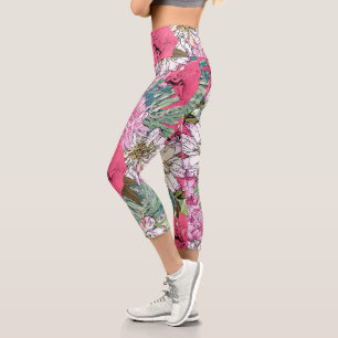 Leggings Capri Illustration florale rose et verte de la mignonne 