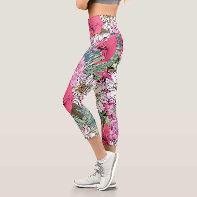 Leggings Capri Illustration florale rose et verte de la mignonne  (Gauche)