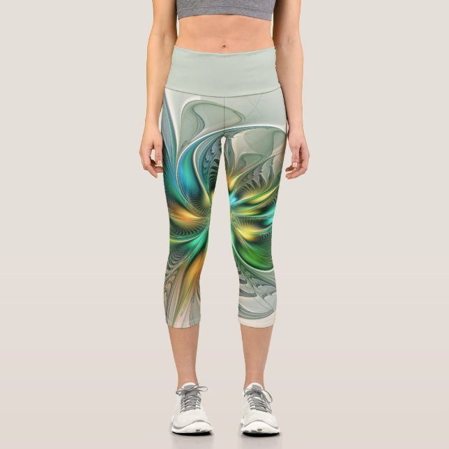 Leggings Capri Imaginaire coloré Moderne Fleur Abstraite Fractale (Recto)