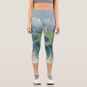 Leggings Capri Imaginaire fleuri Moderne Bleu Vert Fractal Fleur