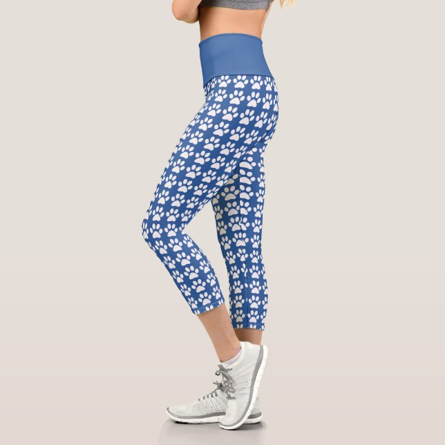 Leggings Capri Impression de patte mignonne motif bleu et blanc T (Gauche)