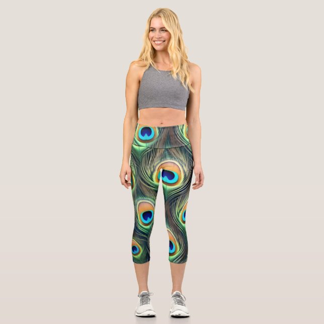 Leggings Capri Impression de plume de paon exotique vibrant (Recto)