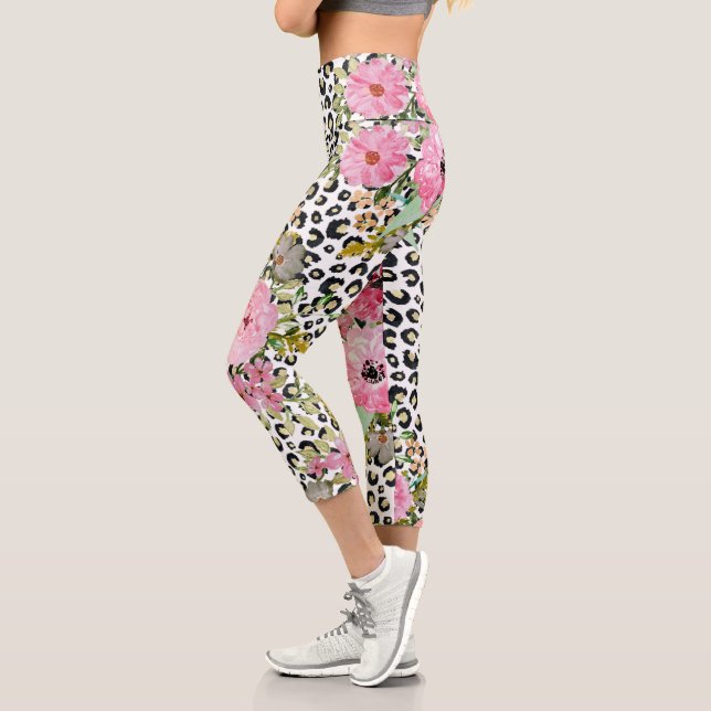 Leggings Capri Impression élégante de léopard et motif floral (Gauche)