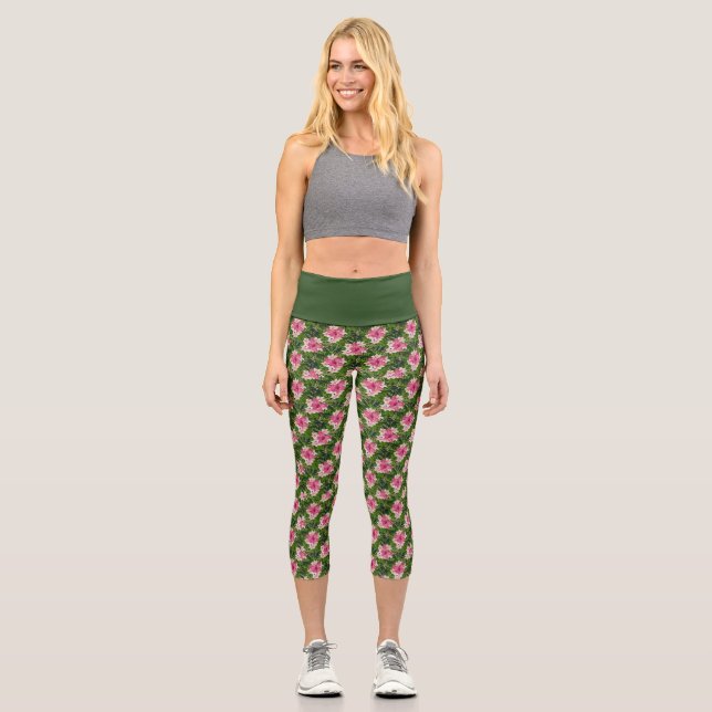Leggings Capri Impression florale rose et verte féminine (Recto)