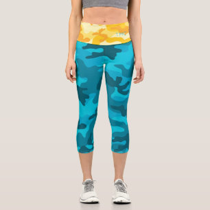 Leggings Capri Initiales du concepteur de camo bleu clair jaune
