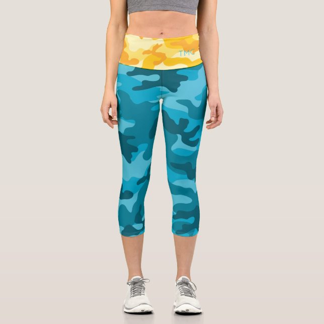 Leggings Capri Initiales du concepteur de camo bleu clair jaune (Recto)