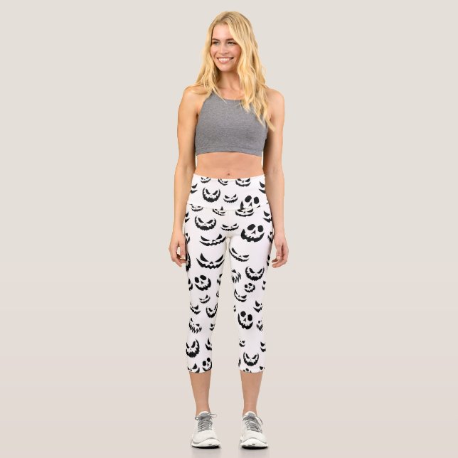 Leggings Capri Jack-o'-lantern face Citrouille noir et blanc (Recto)